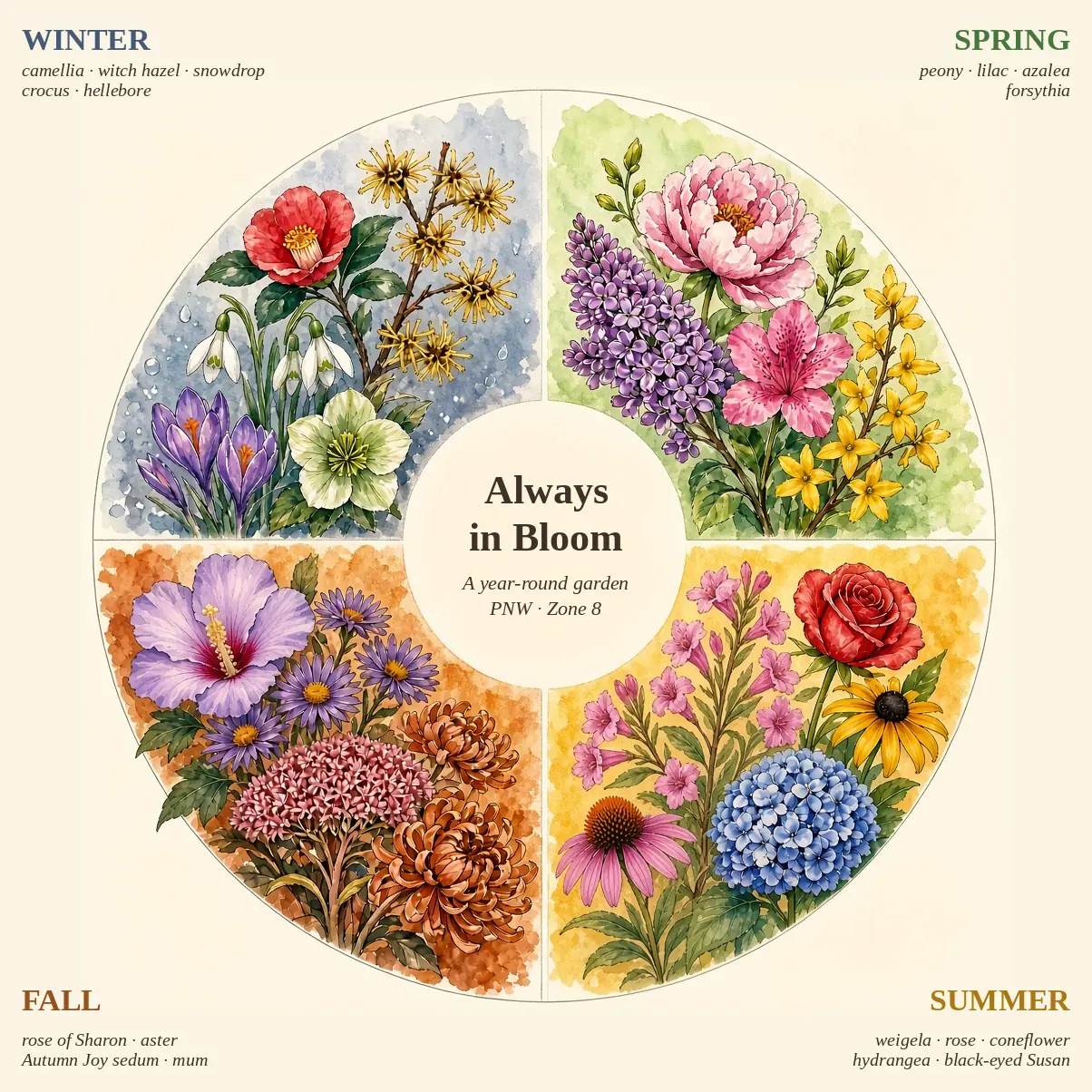 Four-season chart of zone 8 flowering plants for a year-round blooming garden: winter (witch hazel, snowdrop, hellebore, camellia, crocus), spring (forsythia, azalea, lilac, peony), summer (weigela, rose, hydrangea, coneflower, black-eyed Susan) and fall (rose of Sharon, aster, Autumn Joy sedum, garden mum)